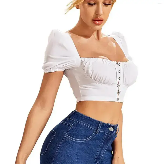 בסגנון אירופאי נשים של אופנה נוחה כיכר צוואר קצר חולצה למעלה